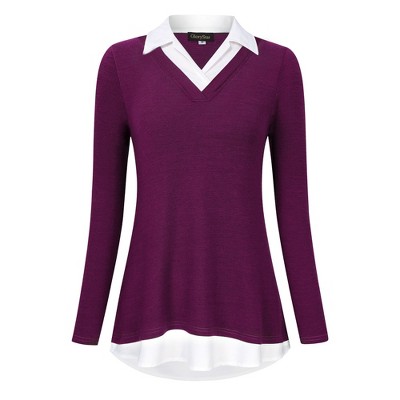 Clearlove Women's Long Sleeve V Neck Contrast Collar Shirt A-line Pleated Office Tunic
