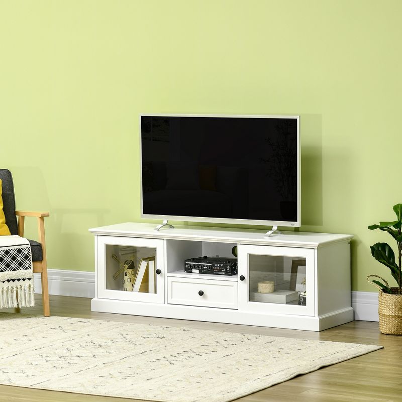 HOMCOM Modern TV Stand Cabinet for TVs up to 60 Inches, Entertainment Center with Drawer and Glass Doors for Living Room, White, 2 of 9