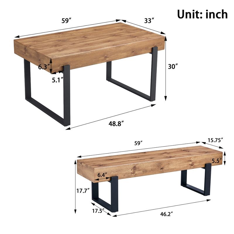 4/3-Piece Dining Table Set for 4-6 People, 59" Kitchen Table Set with Bench, Natural Wood Wash 4M - ModernLuxe, 3 of 14