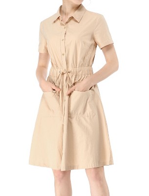 INSPIRE CHIC Women's Point Collar Front Elastic Waist Drawstring Mini Shirt Dress with Pocket