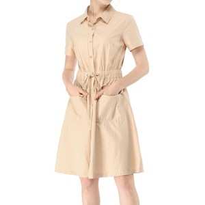 INSPIRE CHIC Women's Point Collar Front Elastic Waist Drawstring Mini Shirt Dress with Pocket - 1 of 4
