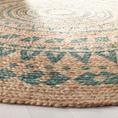 Aqua and Natural Handwoven Jute Round Area Rug, 3'