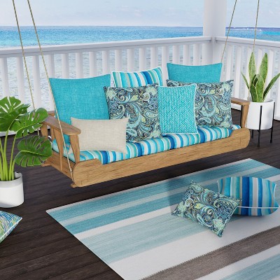 Set of 2 Navy and Aqua Paisley Outdoor Throw Pillows