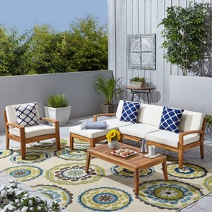 GDFStudio Parma Outdoor Acacia Wood 5 Seater Sectional Sofa and Club Chair Chat Set with Ottoman - 1 of 4