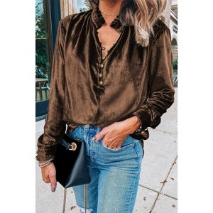 I AM A FASHION JUNKY Desert Palm Frilled Neck Buttoned Front Velvet Top - 1 of 4