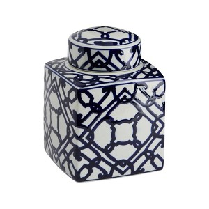 Storied Home Decorative Square Ceramic Ginger Jar with Lid, Blue and White - 1 of 4