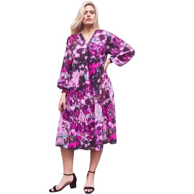ellos Women's Plus Size V-Neck Tiered Midi Dress
