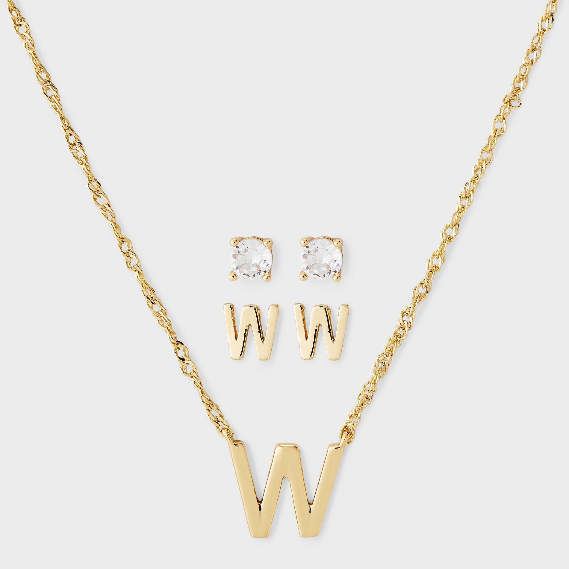 Brass Polished Letter "W" Charm Necklace & Cubic Zirconia Stud Earrings 3pc Set - A New Day™ Gold