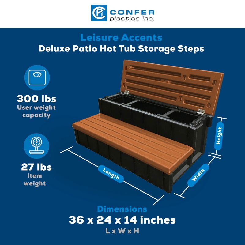 Confer Plastics Leisure Accents Durable Multi-Functional Outdoor Spa and Hot Tub Storage Step with Removable Compartment, Redwood, 2 of 7