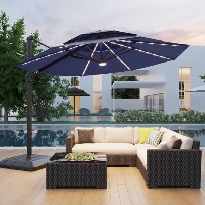 Sonkuki 11Ft LED Double Top Aluminum  LED Cantilever Patio Umbrella with Base for Patio Deck Garden