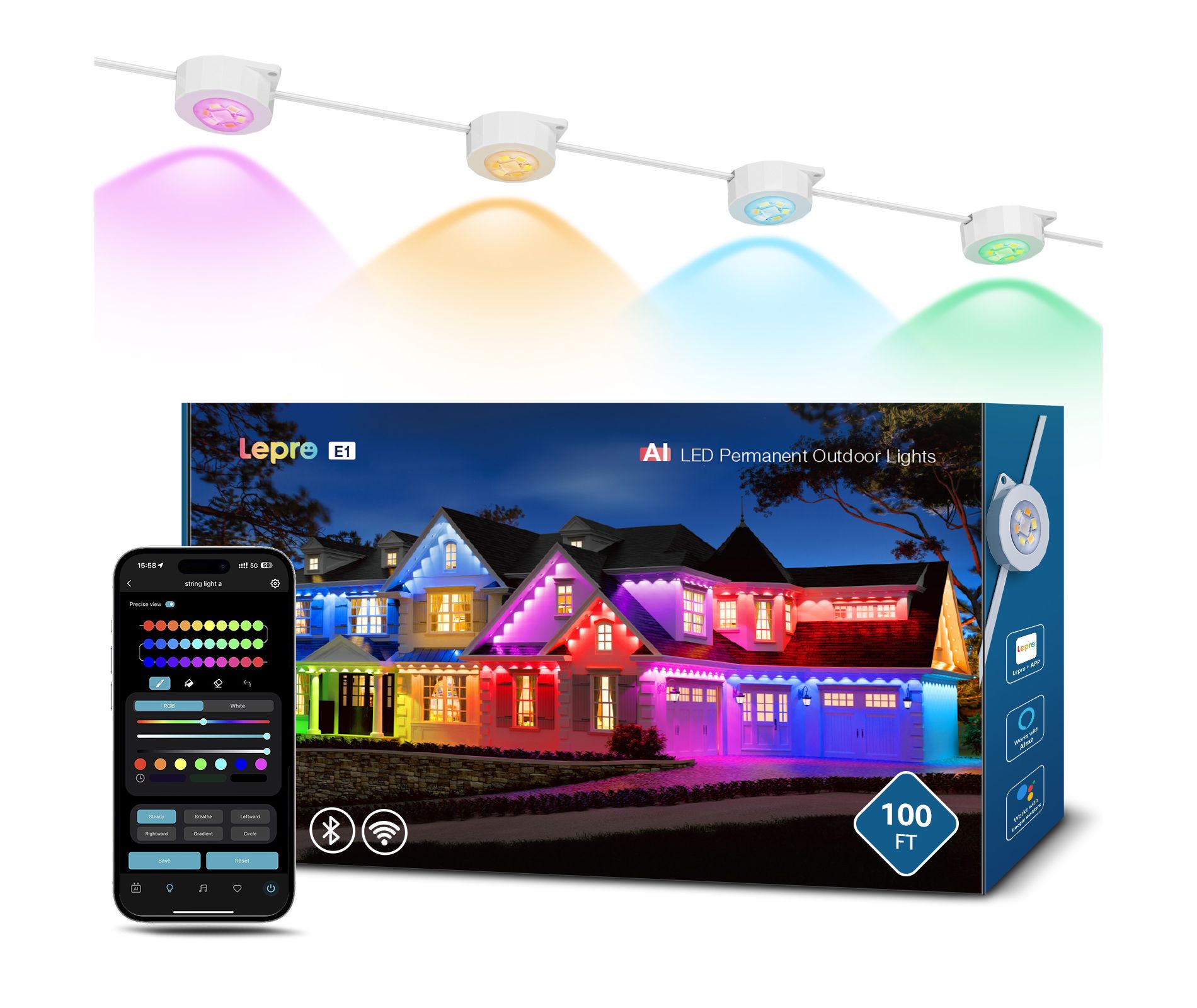 Lepro E1 AI Permanent Outdoor Lights APP Control, Smart RGB+IC House Lights Alexa Google Enabled, AI Generated Lighting LLM, NO Remote, 2.4 GHz WiFi
