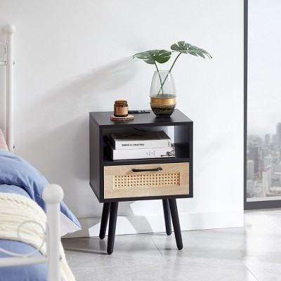 KTMBDW Rattan Nightstand, Boho Side Table with Drawer Open Shelf, Cane Accent Bedside End Table with Wood Legs for Bedroom and Small Spaces