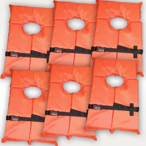 6 Pack Coast Guard approved life jackets for adults. High visibility color Type II keyhole life vest in classic May West style. - 1 of 4