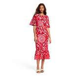 Women's Large Zinnia Floral Print Bell Sleeve Midi Dress - RHODE x Target Red/Pink