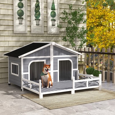 Elevated Large Wooden Dog House with Spacious Sun Deck, Gray