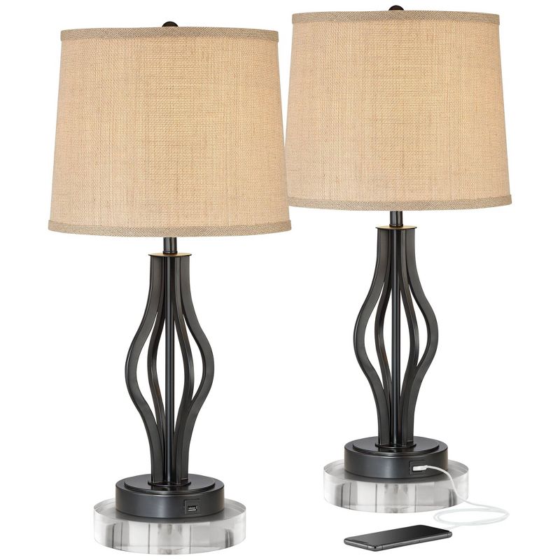 360 Lighting Heather Modern Industrial Table Lamps Set of 2 with Round Risers 27 1/4" Tall Dark Iron USB Charging Port Iron Burlap Drum Shade for Desk, 1 of 6