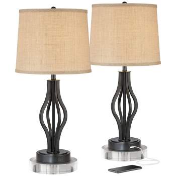 360 Lighting Heather Modern Industrial Table Lamps Set of 2 with Round Risers 27 1/4" Tall Dark Iron USB Charging Port Iron Burlap Drum Shade for Desk