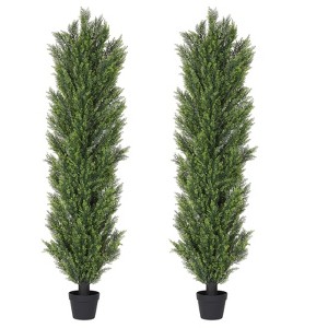 poetree 3/4/5 ft Faux Cedar Tree Topiary in Pot，Set of 2，Fake Tree for Home Outdoor/Indoor Decor - 1 of 4
