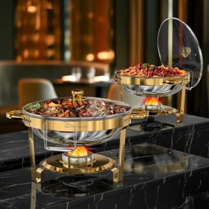 Warmounts 5QT Gold Luxury Round Chafing Dish Buffet Set Food Warmer with Glass Lids & Holders - 1 of 4