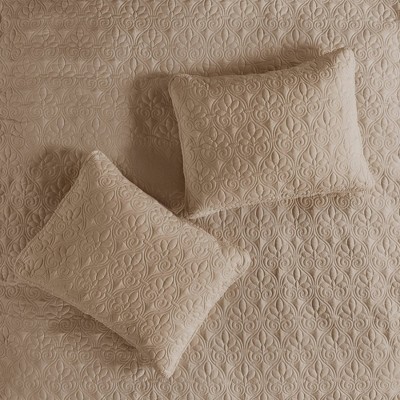 Khaki Queen Microfiber Quilted Bedspread Set with Floral Motif