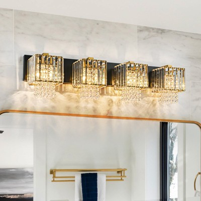 LLHZSY 3/4/5-Lights Modern Dimmable Glam Crystal Bathroom Vanity Lights Linear Black Gold Wall Light - Black & Gold