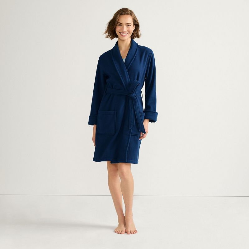 Lands' End Women's Petite Cotton Terry Knee Length Spa Bath Robe - Large - Deep Sea Navy
