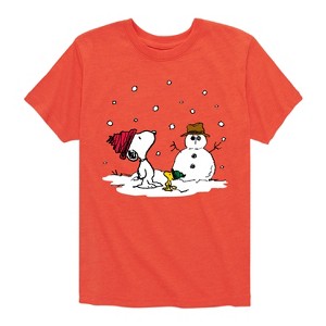 Boys' - Peanuts - Snoopy Woodstock Snowman Short Sleeve Graphic T-Shirt - 1 of 4