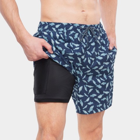 Мужские шорты Rokka&Rolla 7'' Pattern Swim Shorts with Compression Liner-Blue Tropical Print, size Medium, цвет: Тёмно-синий