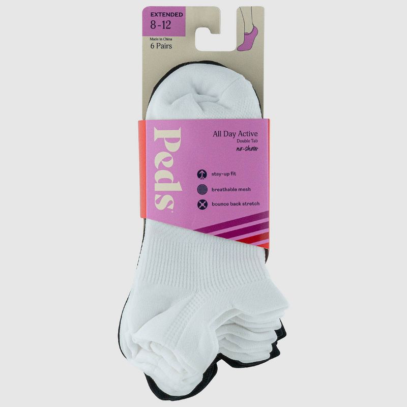 Peds All Day Active Women&#39;s Extended Size 6pk Ultra Low No Show Tab Liner Athletic Socks - White/Black 8-12, 3 of 8