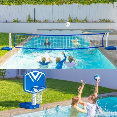 Blue and White 2-in-1 Pool Basketball Hoop & Volleyball Net Set