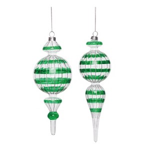 Transpac Large Glass Long Green Striped Ornament Set of 2 Christmas Home Decorations - 1 of 1
