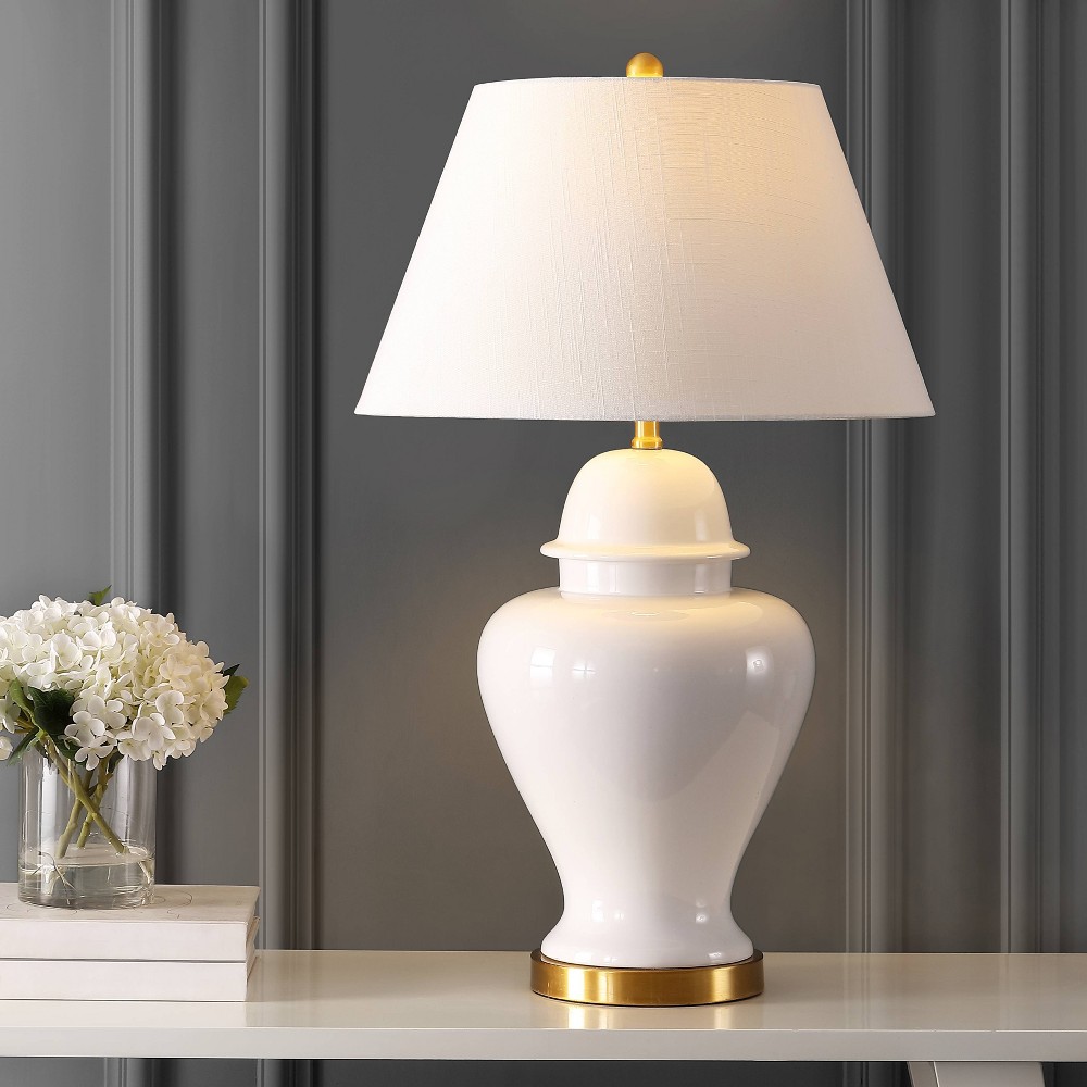 Photos - Floodlight / Street Light 33" Ceramic/Iron Modern Classic Table Lamp  White - JONATHAN Y: UL Listed, Linen Shade, Rotary Swit(Includes LED Light Bulb)