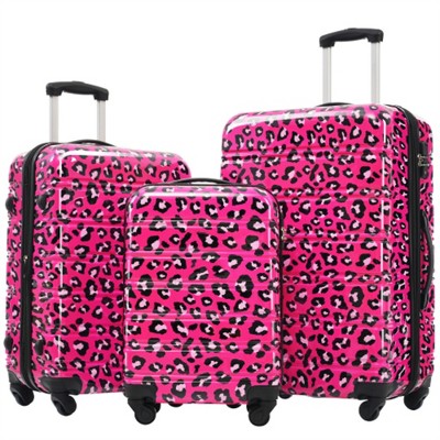 BEAFUP Set of 3 Hardshell Luggage Spinner Suitcase with TSA Lock Lightweight-20"+24"+28" Luggages, Hot Pink Leopard