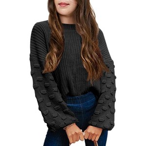 Girls Crewneck Knit Pullover Sweaters Long Lantern Sleeve Oversized Knit Cute Jumper Tops - 1 of 4