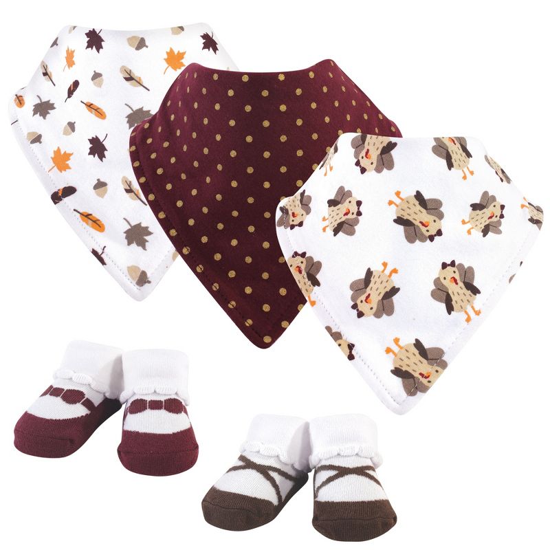 Hudson Baby Infant Girl Cotton Bib and Sock Set 5pk, Girl Turkey, One Size, 1 of 3