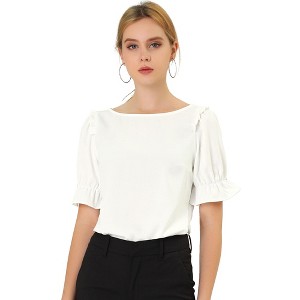 INSPIRE CHIC Women's Round Neck Puff Short Sleeves Solid Color Blouses - 1 of 4