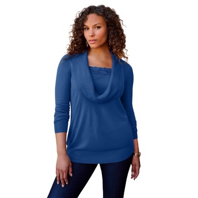 Roaman's Women's Plus Size Lace Trim Cowl Neck Sweater