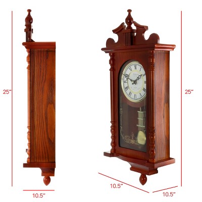 Bedford 25" Dark Redwood Oak Wall Clock with Pendulum and Chime