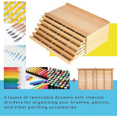 Beech Wood 6-Drawer Artist Tool Storage Box with Compartments