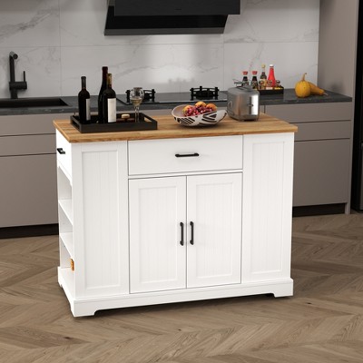46 Inch Multi-Storage Rolling Kitchen Island With Rubberwood Tabletop, Large Farmhouse Kitchen Cart  White