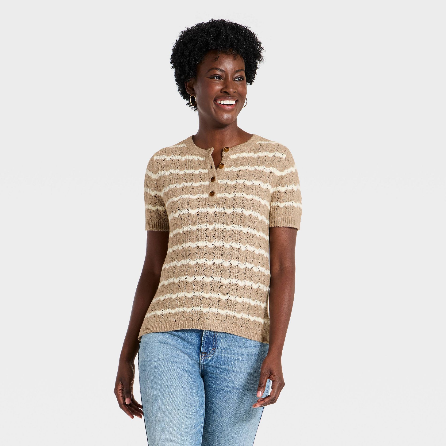 Women's Short Sleeve Heirloom Henley Pullover Sweater - Universal Thread™ Taupe Striped XS