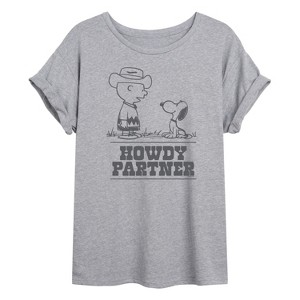 Women's - Peanuts - Charlie Snoopy Howdy Partner -Womens Oversized Graphic T-Shirt Oversized Graphic T-Shirt - 1 of 4