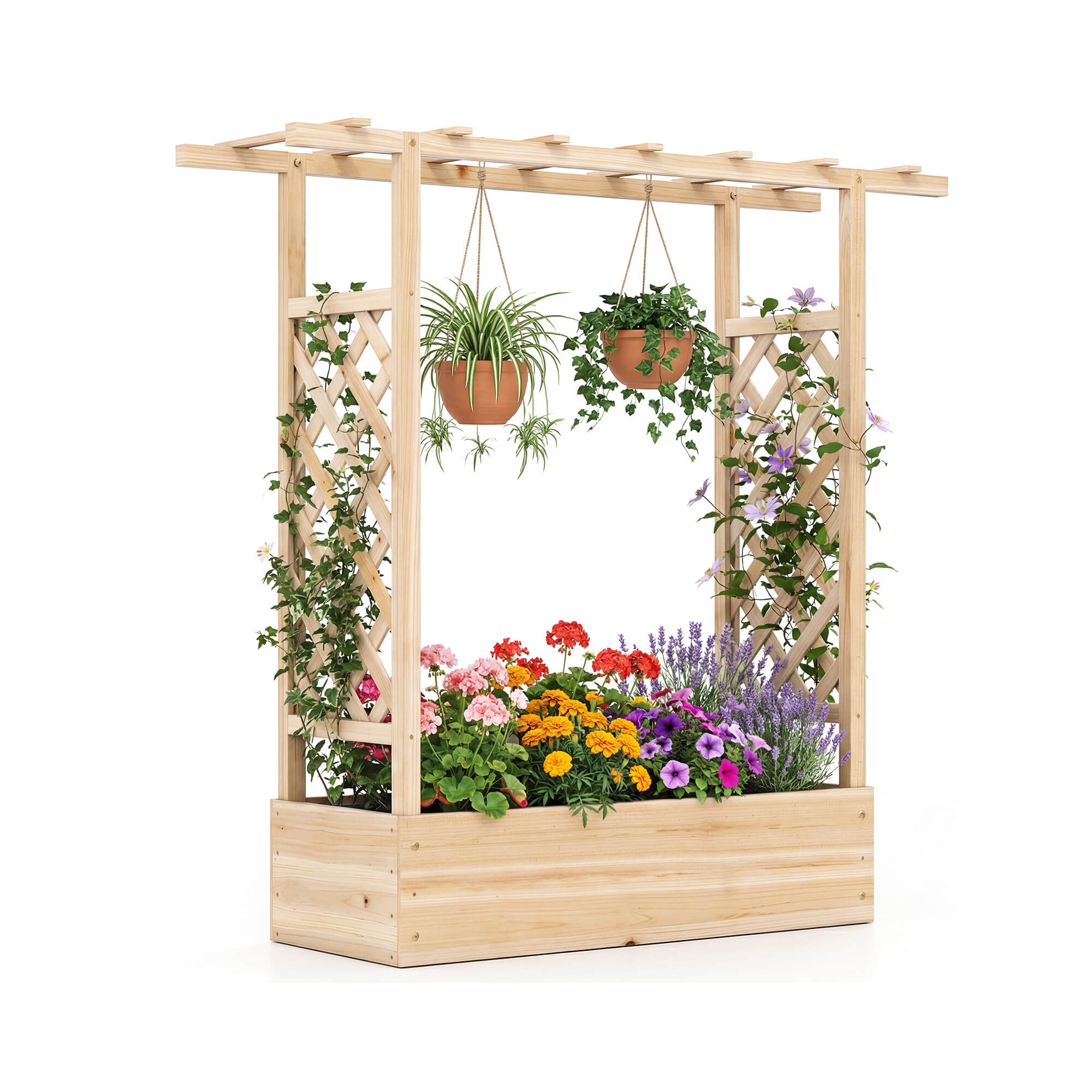 Costway 1 PCS Wooden Raised Garden Bed with Trellis & Hanging Roof, Drainage Holes for Plants Natural