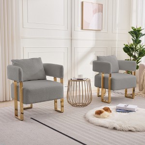 Set of 2 Modern Teddy Fleece Accent Chairs sofas with Gold Metal Legs, Upholstered Decorative Side Chairs for Living Room - 1 of 4