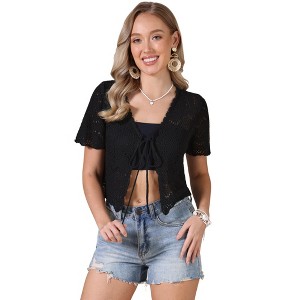INSPIRE CHIC Women's V Neck Summer Tie Front Hollow Out Short Sleeve Crop Crochet Cardigan - 1 of 4