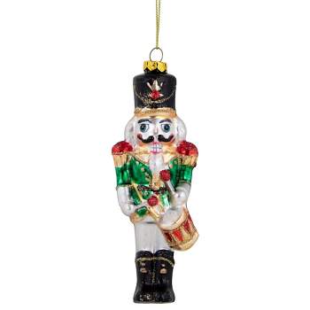 Northlight 5.25" Green, Red and Gold Nutcracker With Drum Glass Christmas Ornament