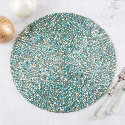 Aqua and Gold Beaded Round Placemats Set of 4