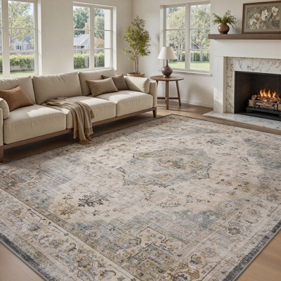 MontVoo Oriental Machine Washable Area Rug Lake Blue
