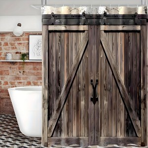 Paaaawaters 1pc Rustic Western Shower Curtain - Waterproof, Dark Brown Wooden Barn Door Design - 1 of 4