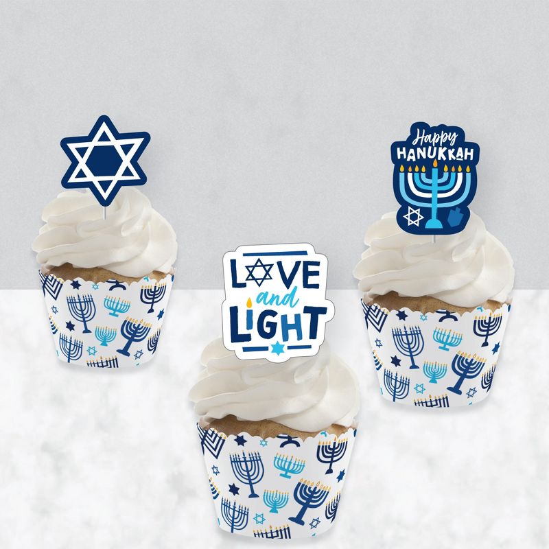 Big Dot of Happiness Hanukkah Menorah - Cupcake Decoration - Chanukah Holiday Party Cupcake Wrappers and Treat Picks Kit - Set of 24, 3 of 9